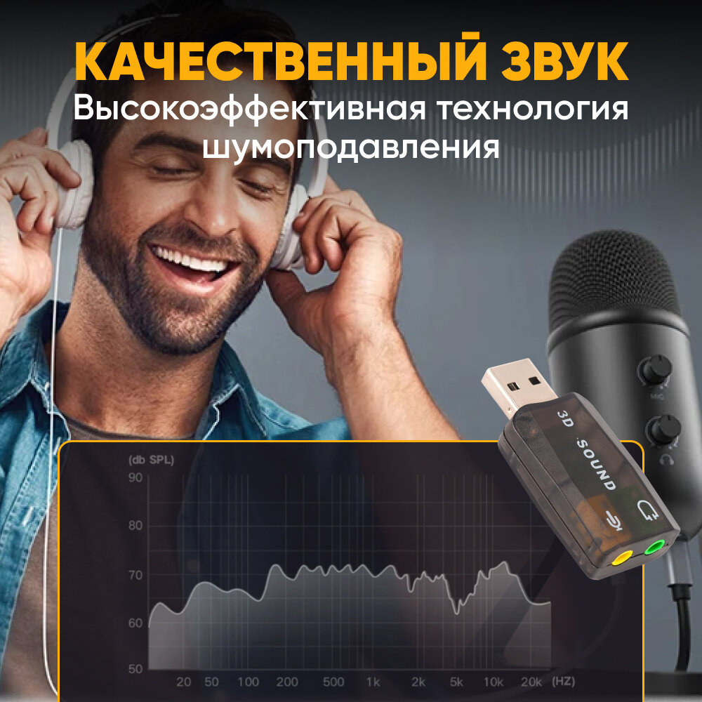 Переходник для наушников и микрофона USB-A на 2х aux Jack 3.5мм Soundcard 3D / Внешняя звуковая карта, адаптер с USB А на 2х аукс джек 3.5 мм, черный / Аудио разветвитель AUX