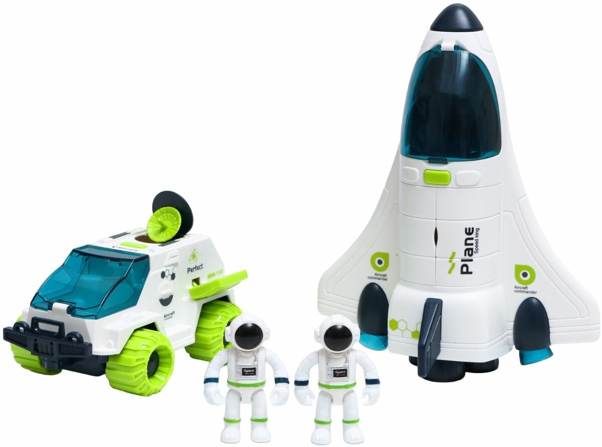 Детский игровой набор "Исследование космоса" 2в1: шаттл и машинка-луноход + фигурки космонавтов, с подвижными деталями, со световыми и звуковыми эффектами, работает от батареек, в комплекте обучающие карточки