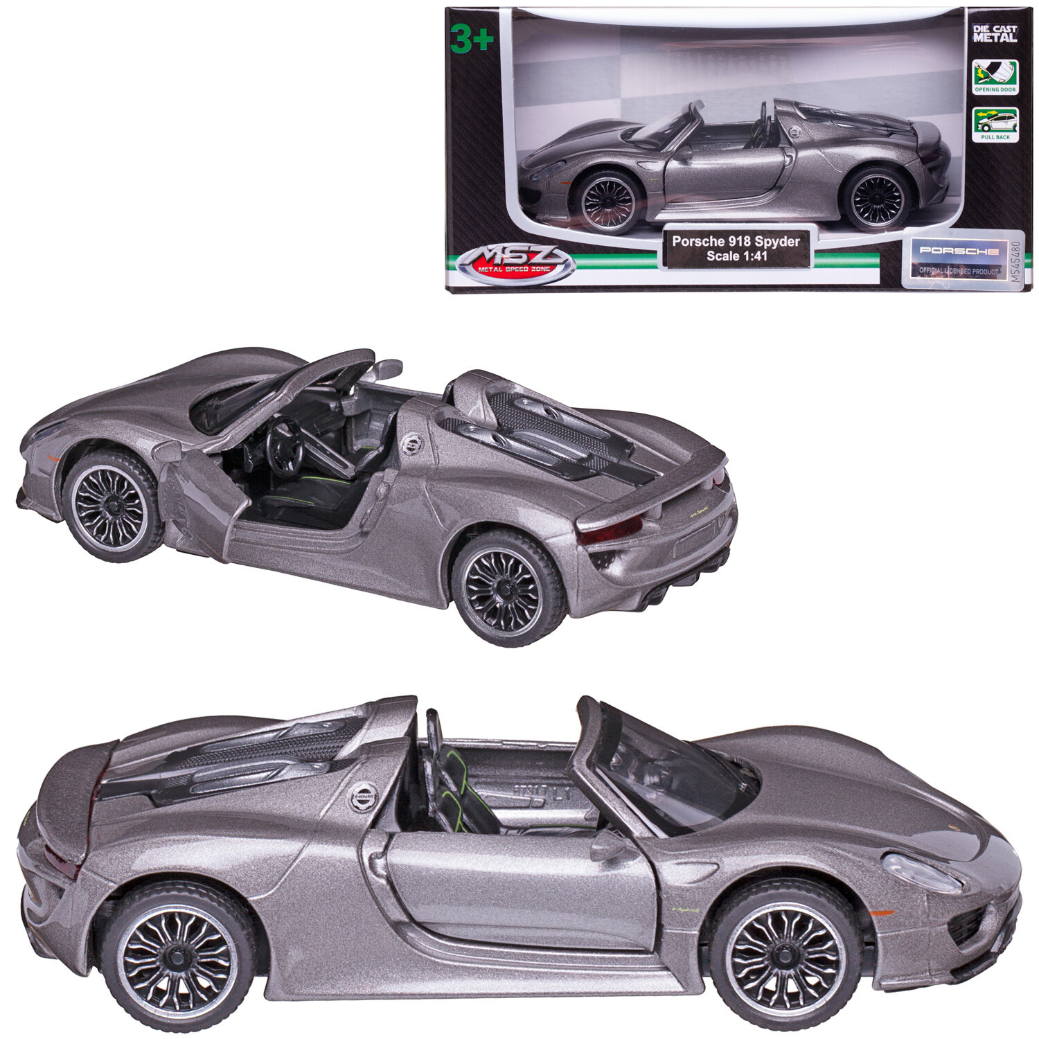 Машинка металлическая серия 1:43 Porsche 918 spyder, цвет серый металлик, инерционный механизм, двери открываются - MSZ [WE-15952S]