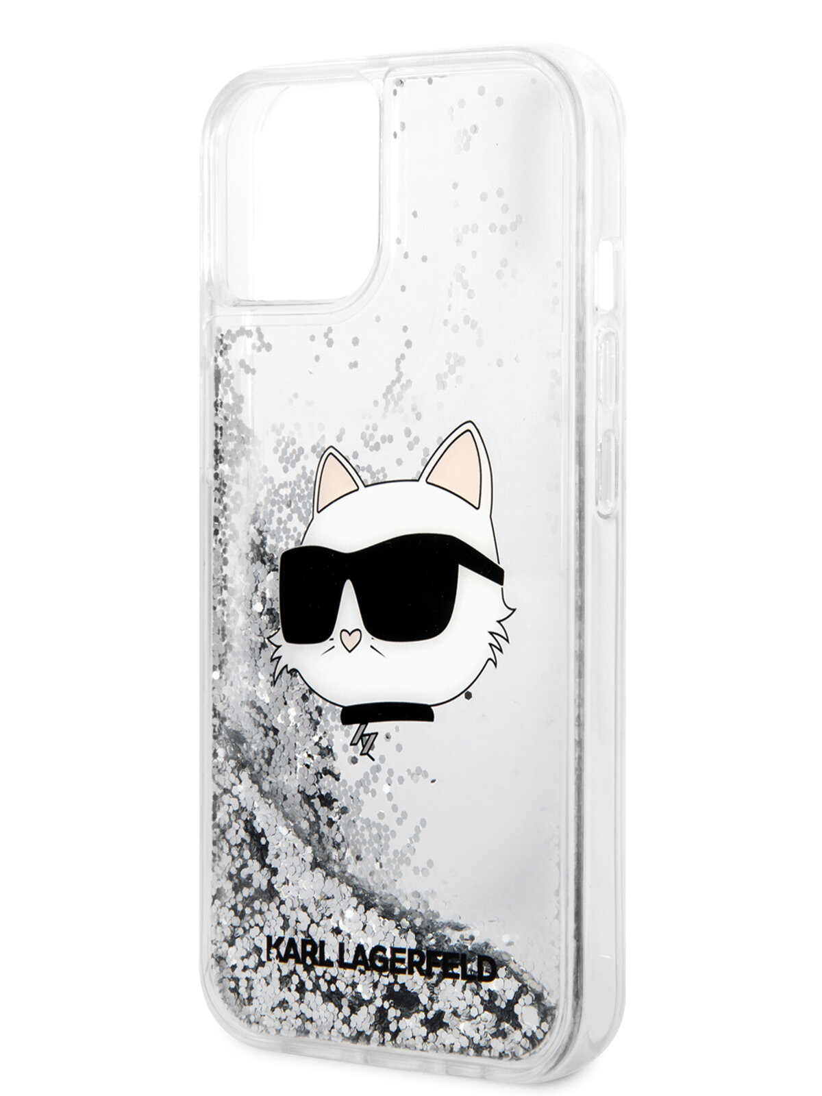 Lagerfeld для iPhone 15 чехол Liquid Glitter NFT Choupette head Hard Silver