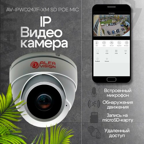 IP камера 4Мп купольная металл встроенный микрофон SD слот обнаружение движения и запись на microSD карту AV-IPWD247F-XM SD POE MIC RU 3143₽