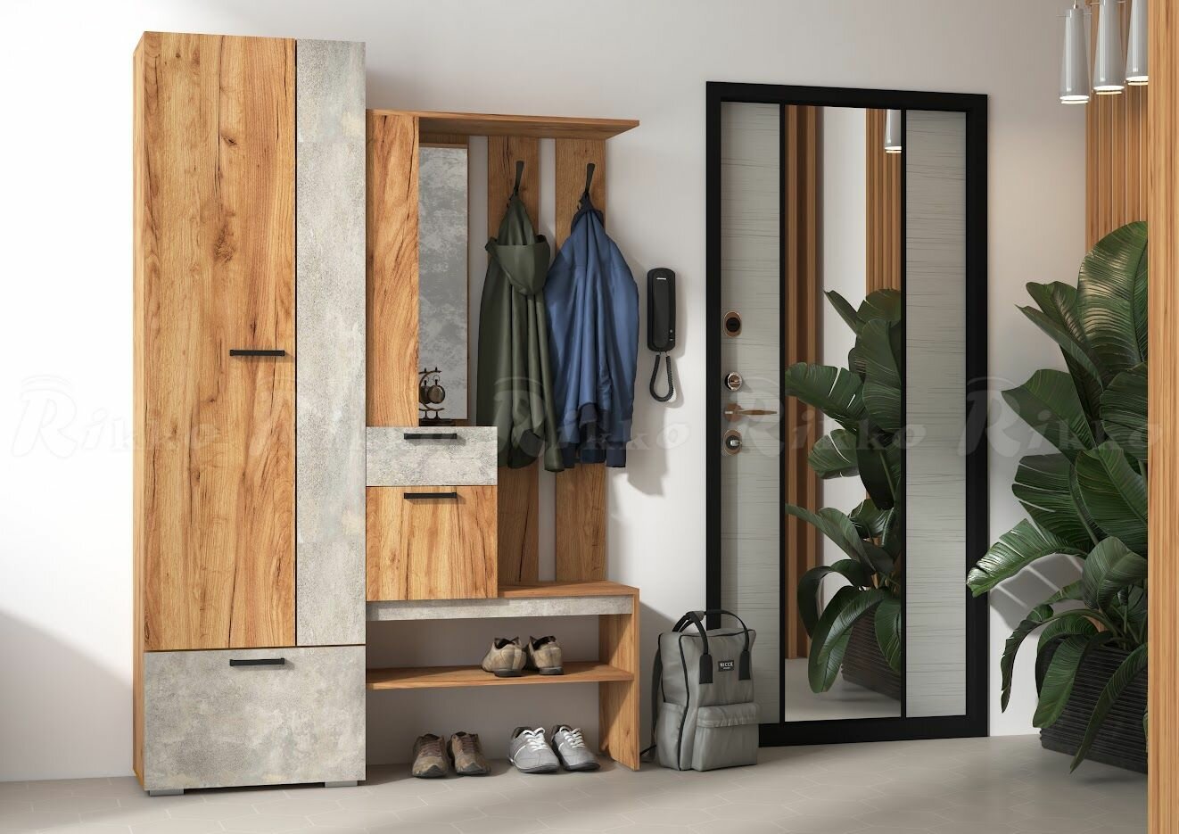 Прихожая "Бард" (1420х2056х352) Крафт золотой/Бетон светлый (Rikko)