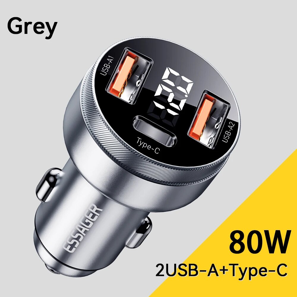 Зарядное устройство Essager автомобильное, 80 Вт, USB Type-C PD, 80W GREY