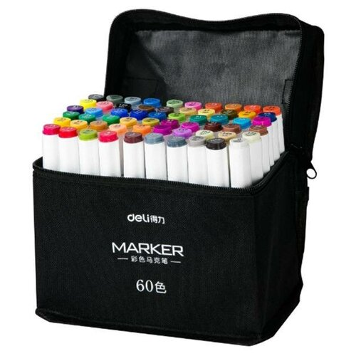фото Deli набор маркеров для скетчинга deli 70807-60 двухсторонний 60цв. ассорти текстильная сумка