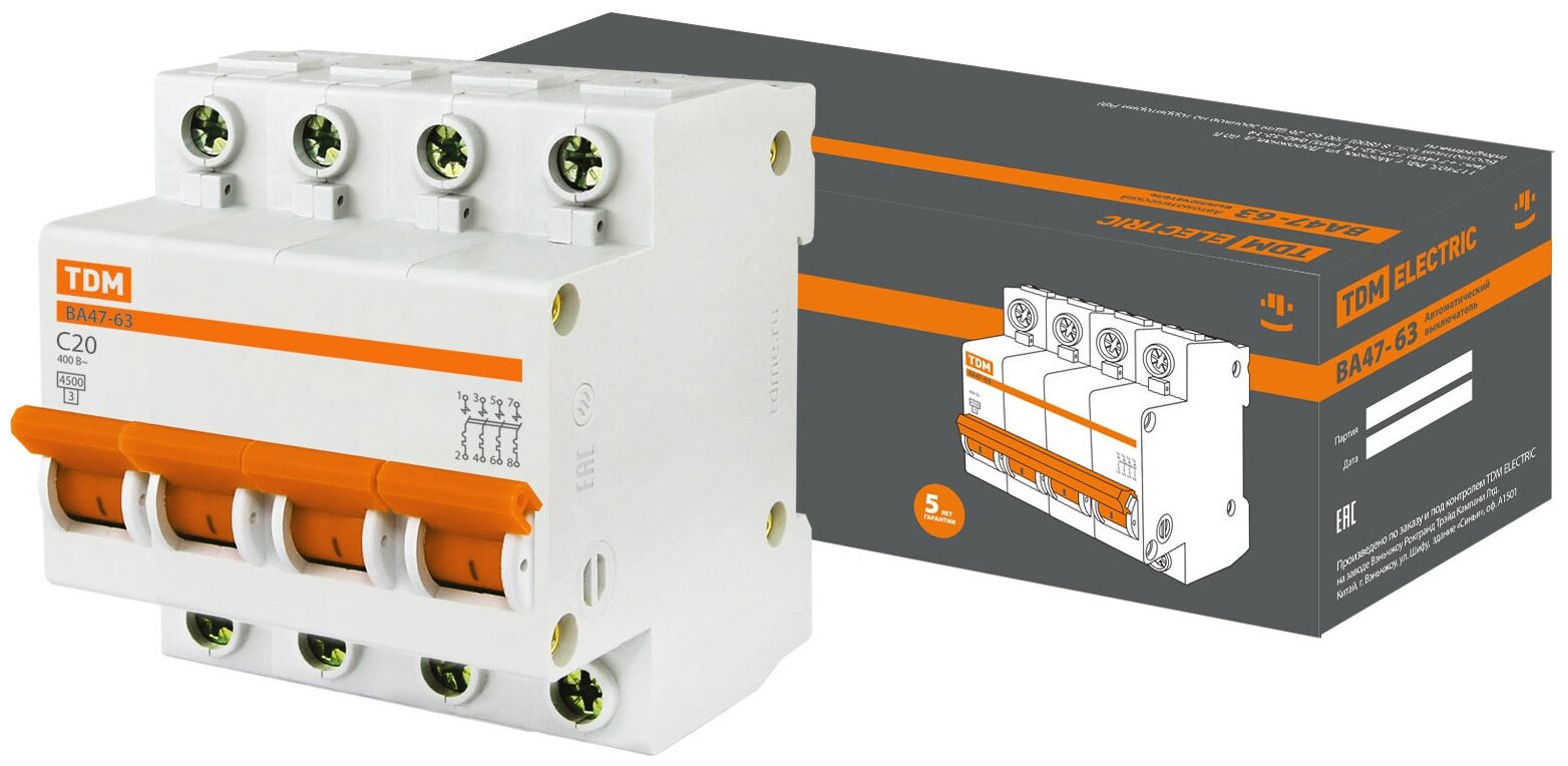 Выключатель автоматический ВА47-63 4Р 20А 4,5кА х-ка С TDM