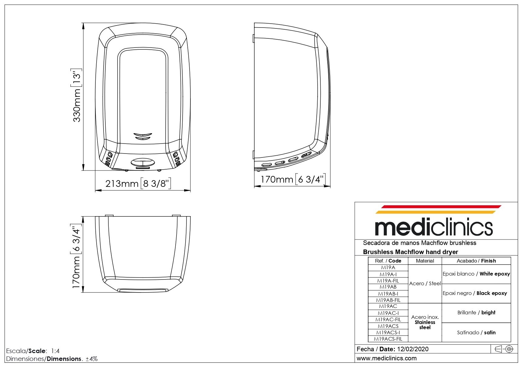 Сенсорная сушилка для рук Mediclinics Machflow Plus M19ACS, сенсорная, с крышкой из нержавейщей стали AISI 304, поверхность: матовая - фотография № 2