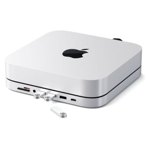 USB док станция с подставкой Satechi Mac Mini Stand & Hub для Mac Mini. Порты: 1x USB-C, 3 x USB, 3,5mm AUX, SD, microSD. Цвет: серебристый.