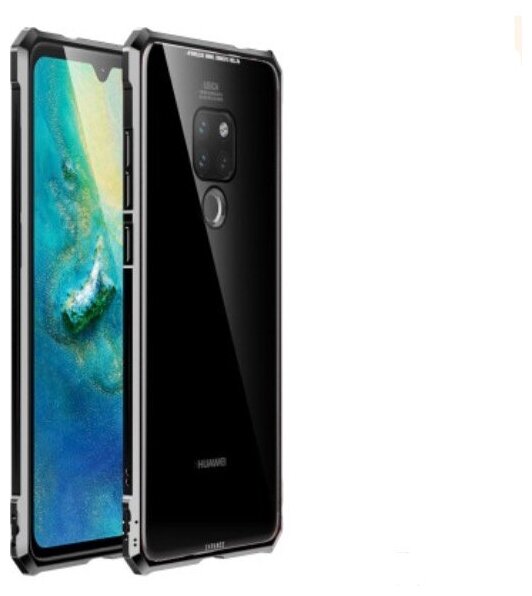 Чехол-бампер MyPads для Huawei Mate 20 Lite с металлическими защитными углами со стеклом задней крышки черная