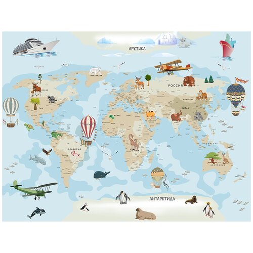 Фотообои Уютная стена Подробная карта мира с животными 350х270 см Бесшовные Премиум (единым полотном)