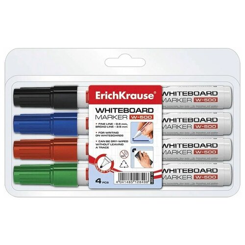 Набор маркеров для досок ErichKrause® W-500, 4 шт, 12849 (черный, синий, красный, зеленый)
