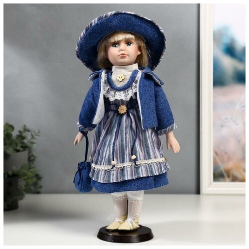 Купить Кукла коллекционная керамика Стася в синем полосатом платье и синей куртке 40 см, InHome2.0