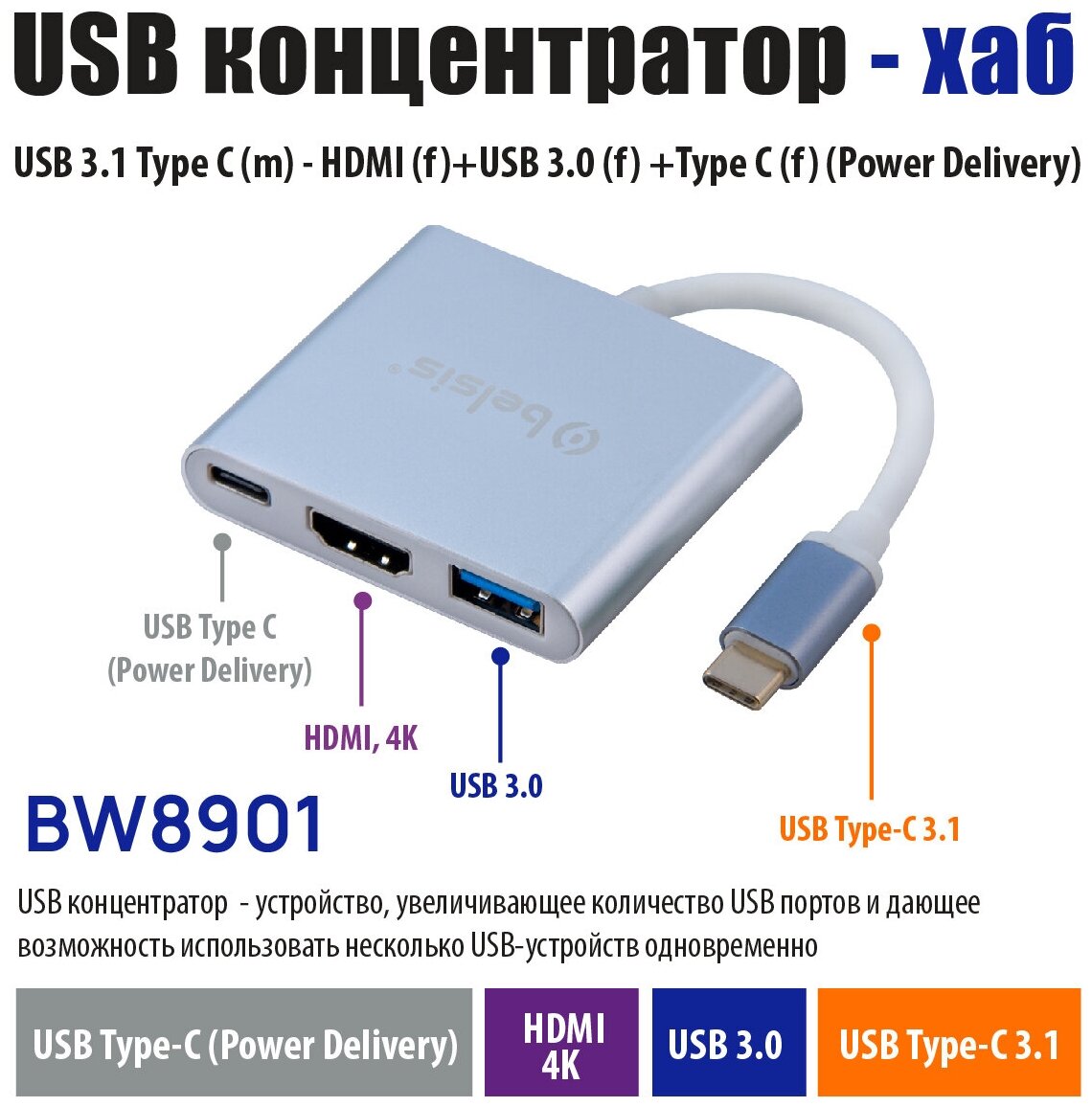 USB Hub Type C 3.1 - HDMI +USB 3.0 +Type C (Power Delivery), Belsis, Тайп си Концентратор 3 в 1 /BW8901