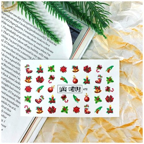Слайдер (водные наклейки) для дизайна ногтей FN472 Новый год Зима Рождество На белый фон