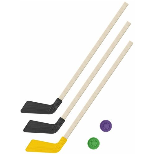 Набор Задира-плюс 3 клюшки хоккейных 80 см и 2 шайбы, КЛ2-Ш2-КЛ-Ш черный/желтый