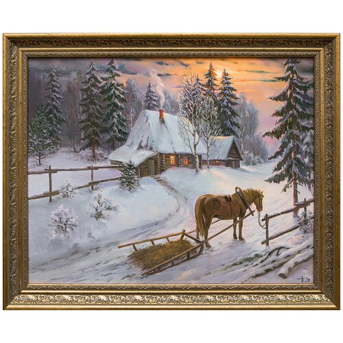 фото Картина маслом "зима в деревне" дельцов русская живопись