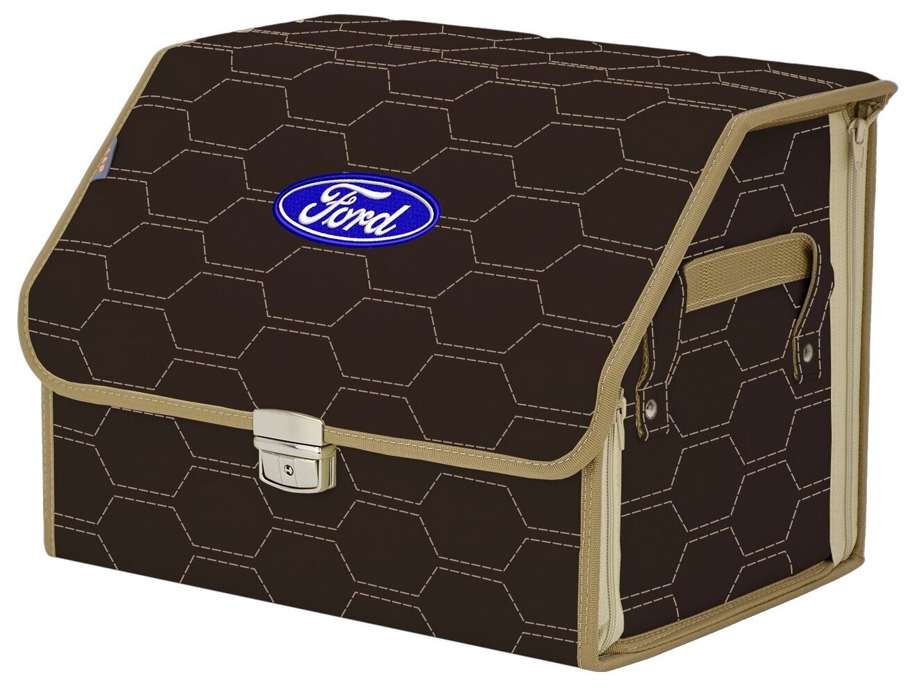 Органайзер-саквояж в багажник "Союз Премиум" (размер M). Цвет: коричневый с бежевой прострочкой Соты и вышивкой Ford (Форд).