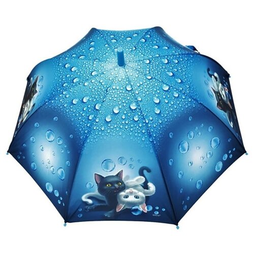 Зонт трость детский с милыми котятами с цветной ручкой, три котенка и звездопад ярко-синий; зонт-трость полуавтомат детский; зонт для малышей
