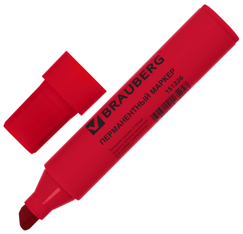 Маркер перманентный BRAUBERG "JUMBO", красный, широкая линия письма, скошенный наконечник, 3-10 мм, 151226 - 2 шт.