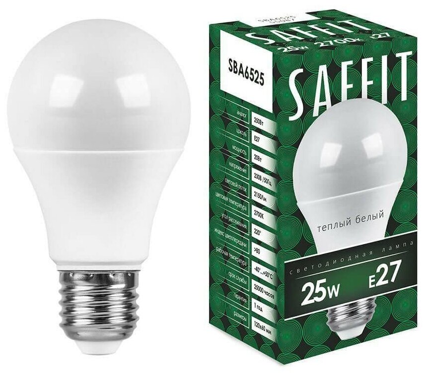 Светодиодная LED лампа Saffit ЛОН А60 E27 25W(2150lm) 2700K 2K матовая 136x65 SBA6525 55087 (упаковка 10 штук)