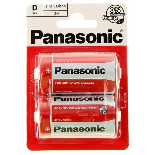 Батарейка солевая Panasonic Zinc Carbon, D, R20-2BL, 1.5В, блистер, 2 шт. батарейка космос r20 d shrink 2 zinc carbon 1 5v 2шт бл