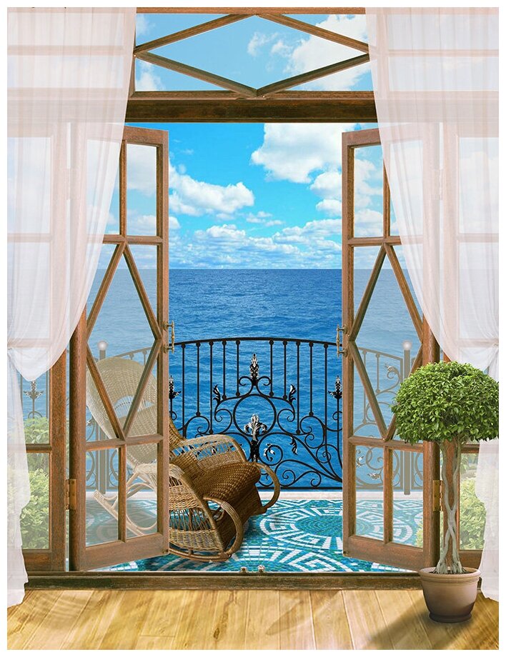 Флизелиновые фотообои Уютная стена "Вид на море через окно балкона" 210х270 см с текстурой Песок