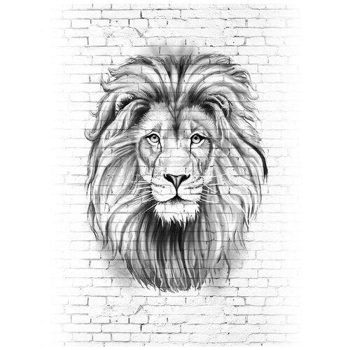 Фотообои Уютная стена Голова льва на кирпичной стене 210х270 см Бесшовные Премиум (единым полотном)