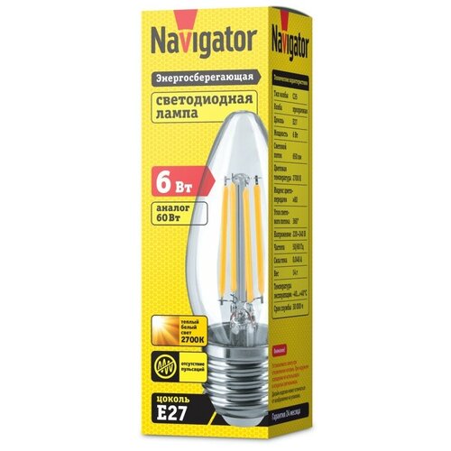фото Светодиодная лампа свеча navigator 14 007 nll-f-c35-6-230-2.7k-e27, цена за 1 шт.