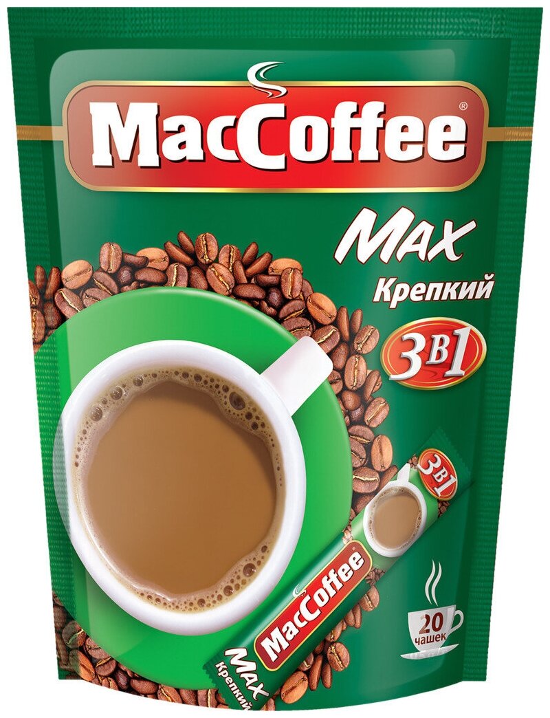 Кофе растворимый MACCOFFEE Max крепкий 3 в 1, 20 пакетиков - 5 упаковок