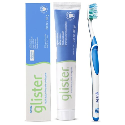 Купить Зубная паста отбеливающая, реминерализирующая Глистер Амвей Glister Amway с фтором 50мл, удобно для поездок в отпуск, командировку + 1 зубная щетка