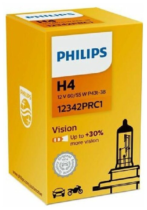 Лампа галогеновая головного света H4 P43t 3200K Vision 12V 60/55W Картон 1 шт PHILIPS 12342PRC1