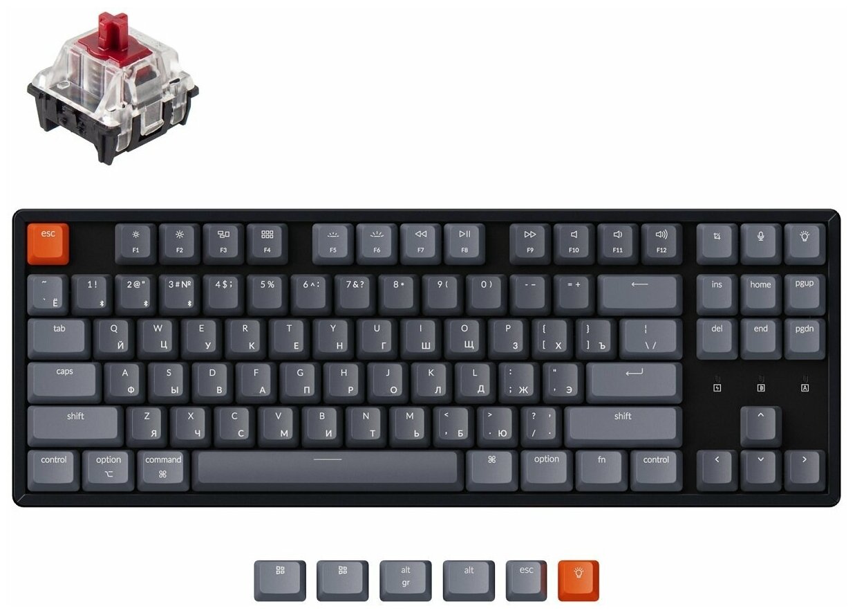 Клавиатура механическая беспроводная Keychron K8, Bluetooth, RGB, Gateron Red Switch, Черный/Серый K8J1 - фото №1