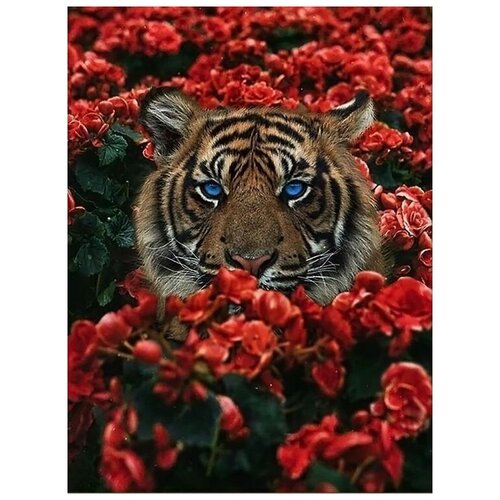 Алмазная мозаика Тигр в цветах, 30x40, см, Алмазная Живопись