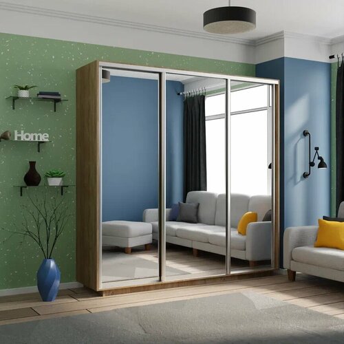 Шкаф-купе,240x60x220,(ШxГxВ), Экспресс, 3дверный, ДСП, Сонома , Зеркало/Зеркало/Зеркало