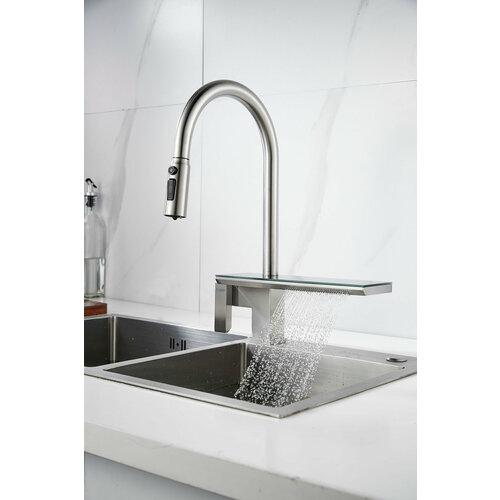 Кухонный смеситель с выдвижным изливом и системой водопад, хром L02B