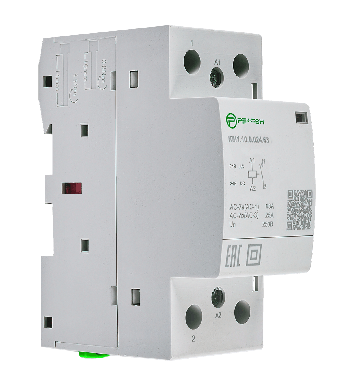 Модульный контактор 1НО контакт 63А; 24В AC/DC, релеон, KM1.10.0.024.63 — фото 1