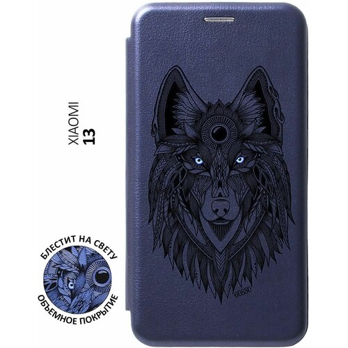 Чехол-книжка на Xiaomi 13, Сяоми 13 с 3D принтом Grand Wolf синий чехол книжка angry wolf на xiaomi 13 сяоми 13 с 3d эффектом черный