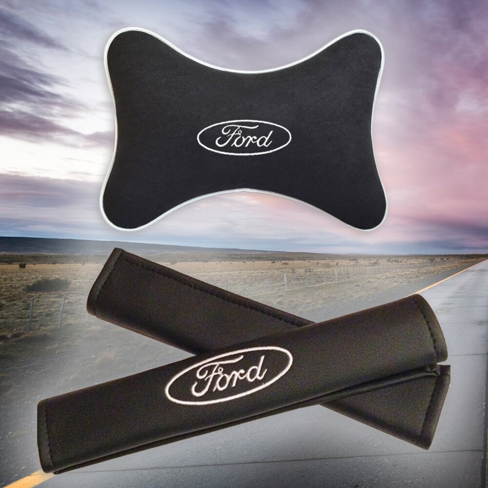 Подарочный набор автомобилиста из черного велюра для Ford (форд) (подушка под шею на подголовник и накладки на ремень безопасности)