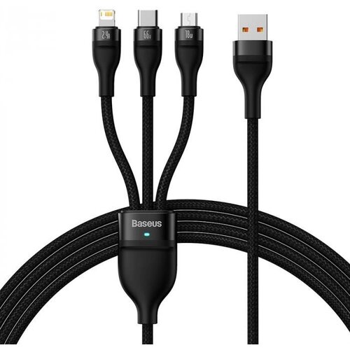 Кабель USB BASEUS Flash Series II 3 в 1, Micro-USB, Type-C, Lightning, 6.0A, длина 1.2 м, черный кабель usb c baseus dynamic series type c lightning 4a 20w 1 м белый