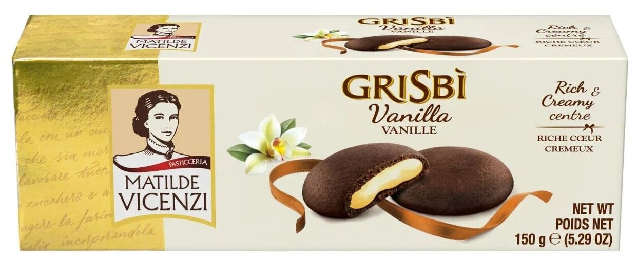 Печенье Grisbi Vanilla с тёмным шоколадом с начинкой со вкусом ванили, 150г - фотография № 1
