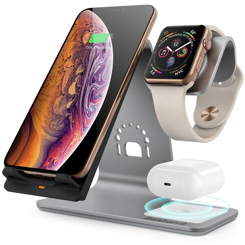 Док-станция для беспроводной зарядки 3 в 1 для iPhone / Apple Watch / AirPods и AirPods Pro, space gray 10w leather qi wireless charger dock for iphone x xs max xr 8 plus 10w fast charging pad for samsung s10 s9 s8 note 9 8