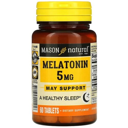 Mason Natural, Melatonin, Мелатонин, для здорового сна, 5 мг, 60 таблеток