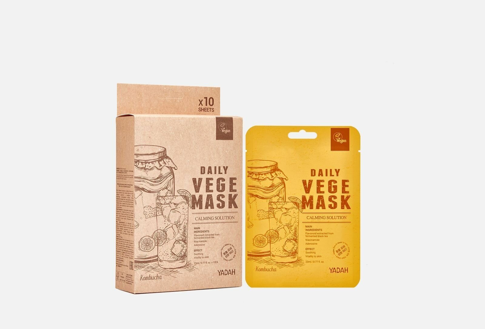 Набор успокаивающих тканевых масок для лица YADAH "DAILY VEGE MASK Kombucha"