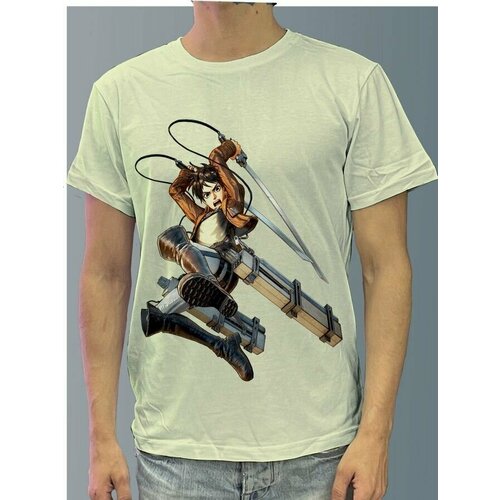 фото Футболка мужская белая молочный оттенок из хлопка с dtf принтом attack on titan аниме - 290 будь на стиле