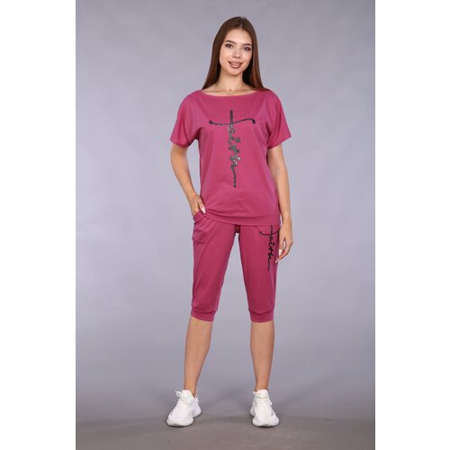 фото Костюм ivcapriz, футболка и бриджи, повседневный стиль, свободный силуэт, пояс на резинке, трикотажный, карманы, манжеты, размер 52, черный, розовый