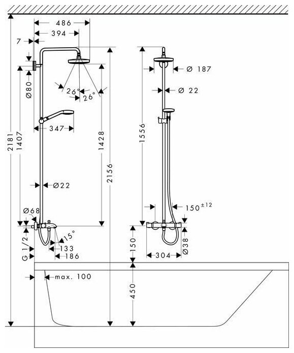 Душевая стойка Hansgrohe Croma Select S 180 2 jet 27351400 - фотография № 9