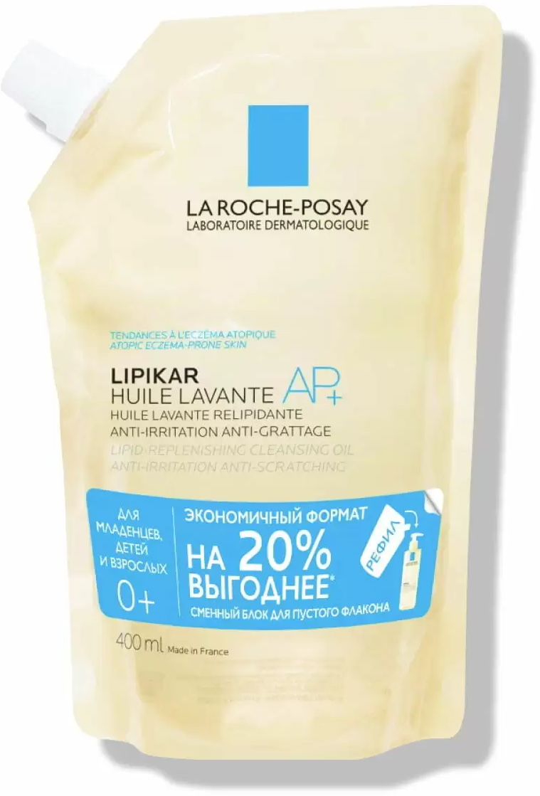 La Roche-Posay Смягчающее масло для ванны и душа для сухой и склонной к атопии кожи младенцев, детей и взрослых AP+, сменный блок, 400 мл (La Roche-Posay, ) - фото №1
