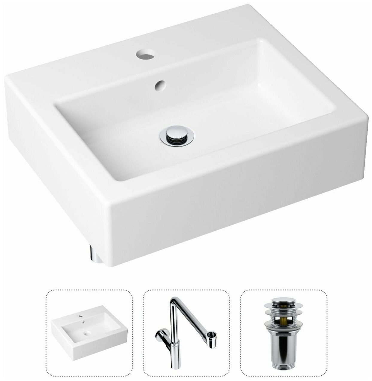 Накладная раковина в ванную Lavinia Boho Bathroom Sink 21520694 в комплекте 3 в 1: умывальник белый, донный клапан и сифон в цвете хром - фотография № 1