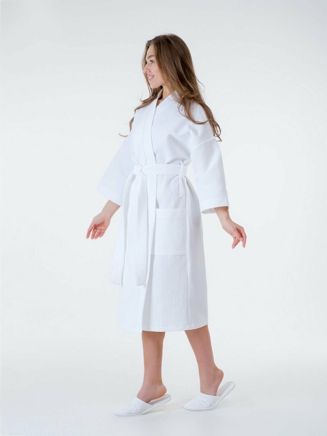 Вафельный халат Кимоно унисекс "Ромбы", белый. Размер 46-48 - фотография № 6