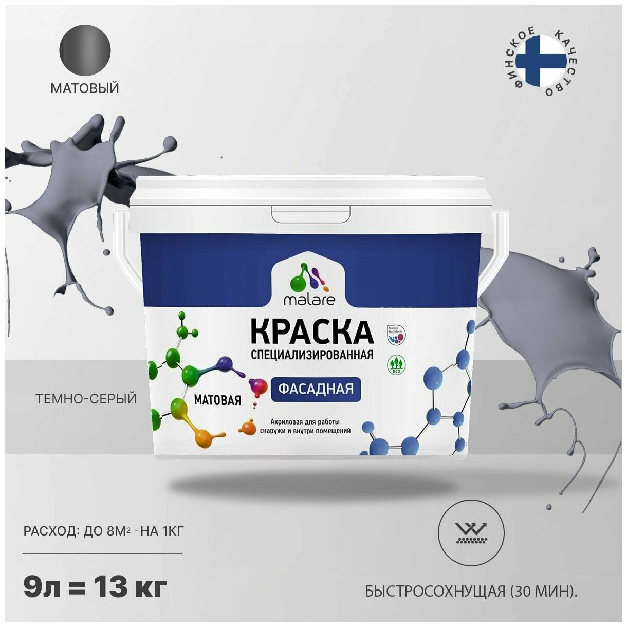 Краска Malare Professional фасадная по дереву, бетону и штукатурке, для камня и кирпича, без запаха, матовая, темно-серый, (9л - 13кг)