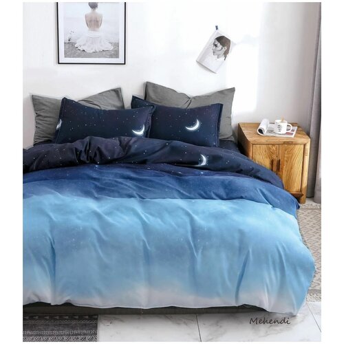 Комплект постельного белья 2-х спальный, сатин, 2 наволочки 70х70, пододеяльник на молнии me9 голубой/синий